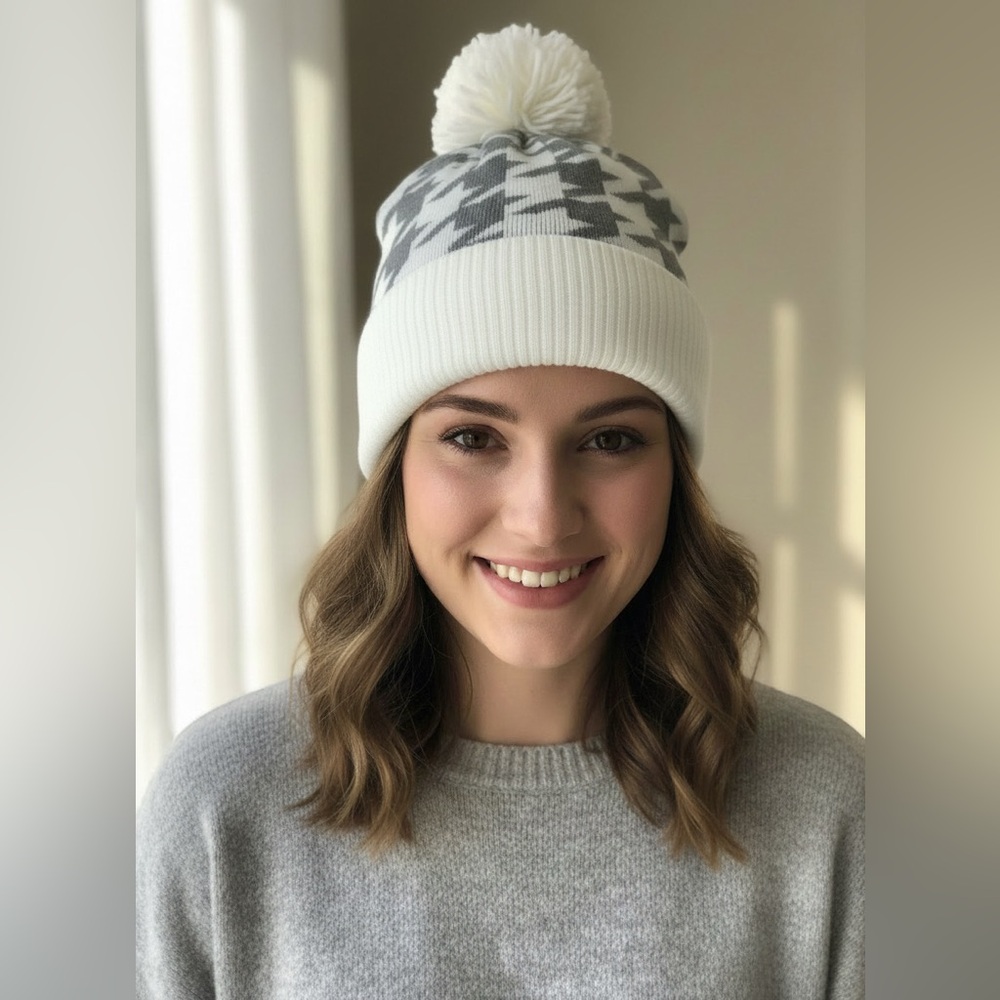 White and Gray Pom-Pom Beanie